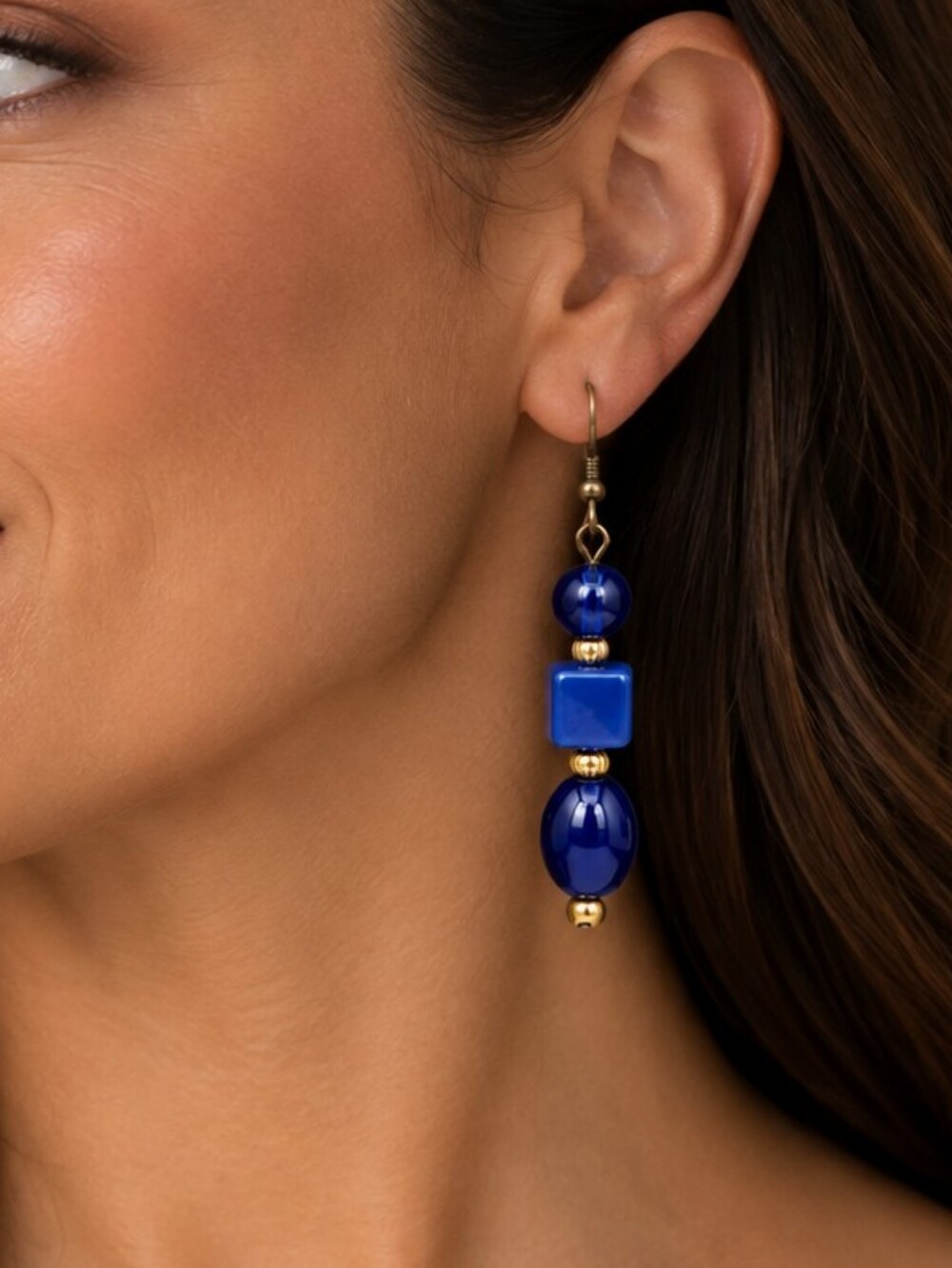 💎 Cobalt Blue Beaded Dangle Earrings Gold Tone Geometric Statement Jewelry